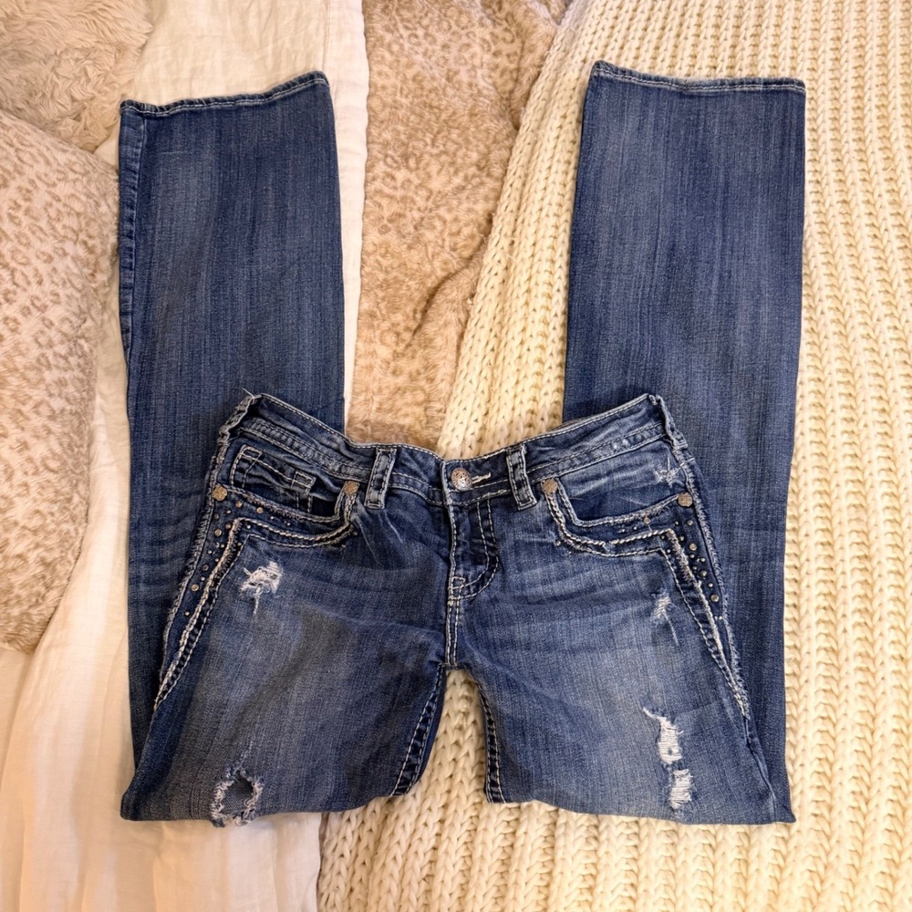 Silver Jeans Co Aiko Mid Bootcut Distressed Studded Denim W29 L33 Medium Wash